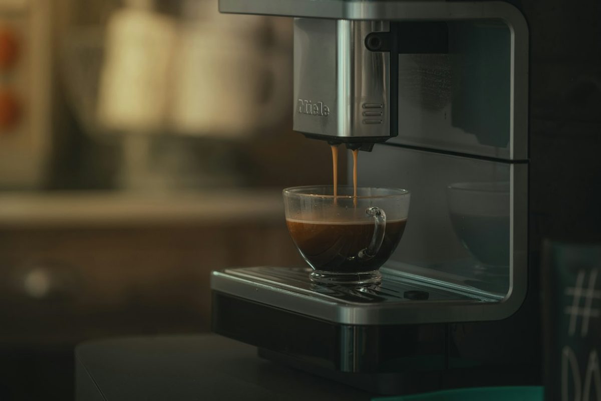 Kaffeevollautomat lässt Espresso in eine Glastasse laufen