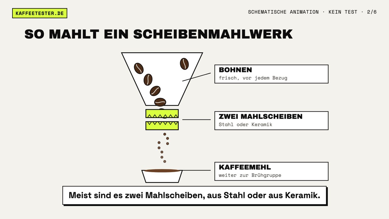 Schema eines Scheibenmahlwerks: Bohnen fallen zwischen zwei Mahlscheiben, darunter sammelt sich Kaffeemehl.